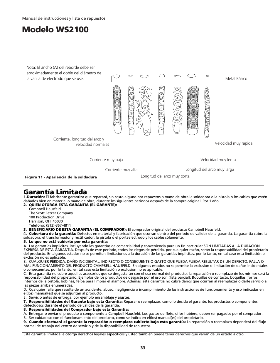 Modelo ws2100, Garantía limitada | Campbell Hausfeld ARCITECH WS2100 User Manual | Page 33 / 36
