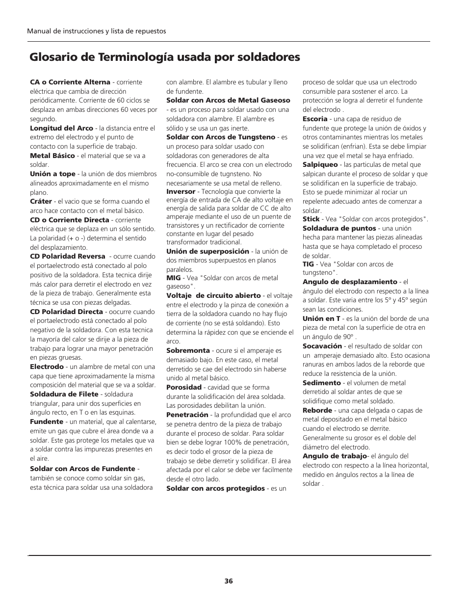 Glosario de terminología usada por soldadores | Campbell Hausfeld ARCITECH WS2100 User Manual | Page 36 / 36