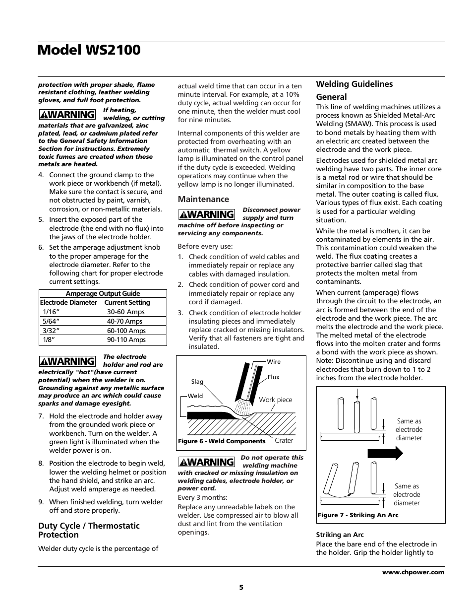 Model ws2100, Warning | Campbell Hausfeld ARCITECH WS2100 User Manual | Page 5 / 36