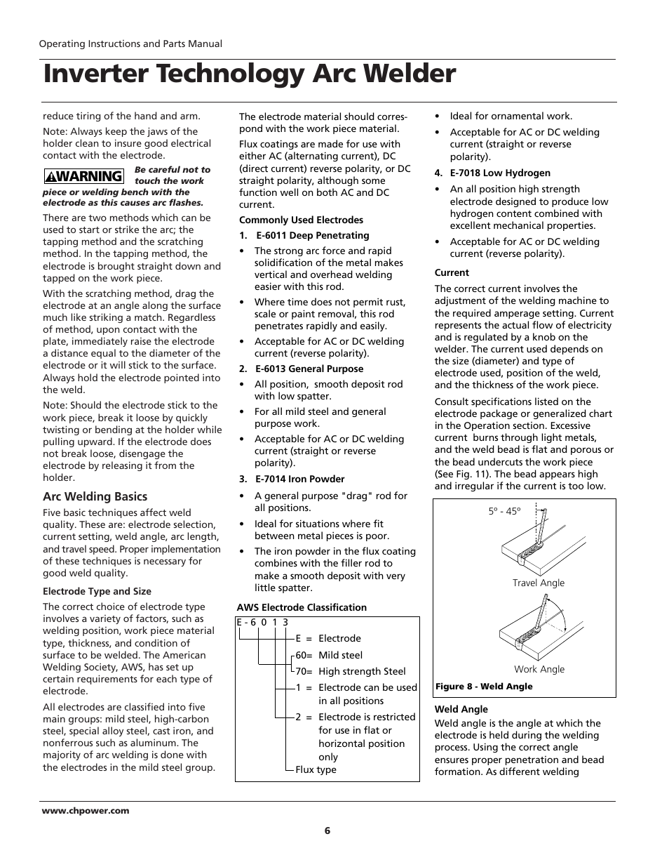 Inverter technology arc welder, Warning | Campbell Hausfeld ARCITECH WS2100 User Manual | Page 6 / 36