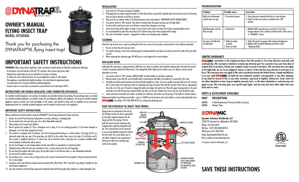 DYNATRAP DT2000XL User Manual | 2 pages