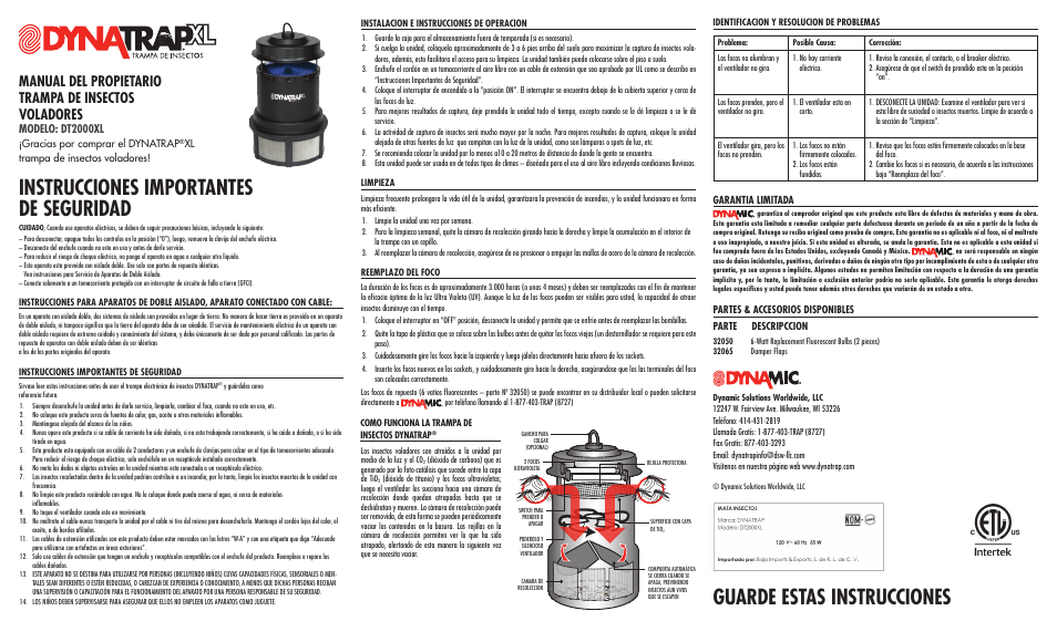 Guarde estas instrucciones, Instrucciones importantes de seguridad, Modelo: dt2000xl | Garantia limitada, Partes & accesorios disponibles parte descripccion, Gracias por comprar el dynatrap, Xl trampa de insectos voladores | DYNATRAP DT2000XL User Manual | Page 2 / 2