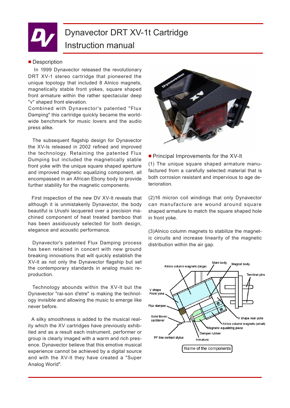 Dynavector DV XV-1t Stereo cartridge User Manual | 2 pages