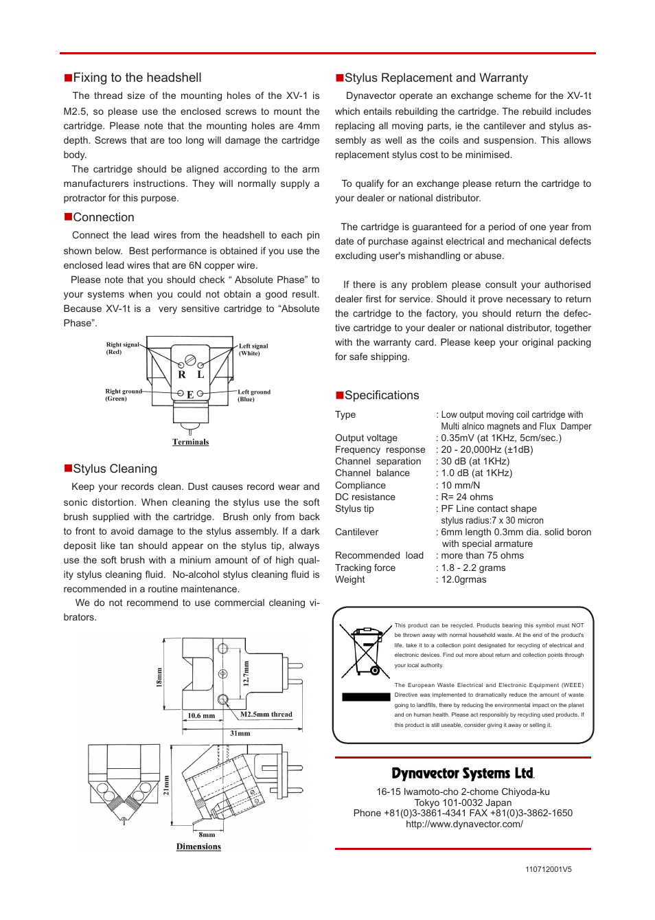 Dynavector DV XV-1t Stereo cartridge User Manual | Page 2 / 2