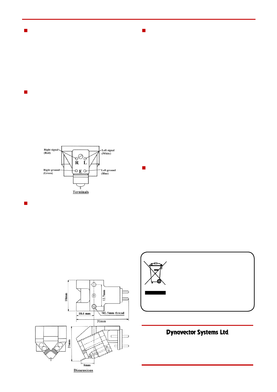 Fixing to the headshell, Connection, Stylus cleaning | Stylus replacement and war ran ty, Specifi cations | Dynavector DV XV-1s Stereo cartridge User Manual | Page 2 / 2