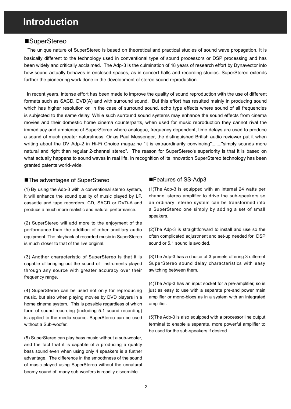 Introduction, Nsuperstereo | Dynavector SuperStereo Adapter Adp3 User Manual | Page 2 / 10