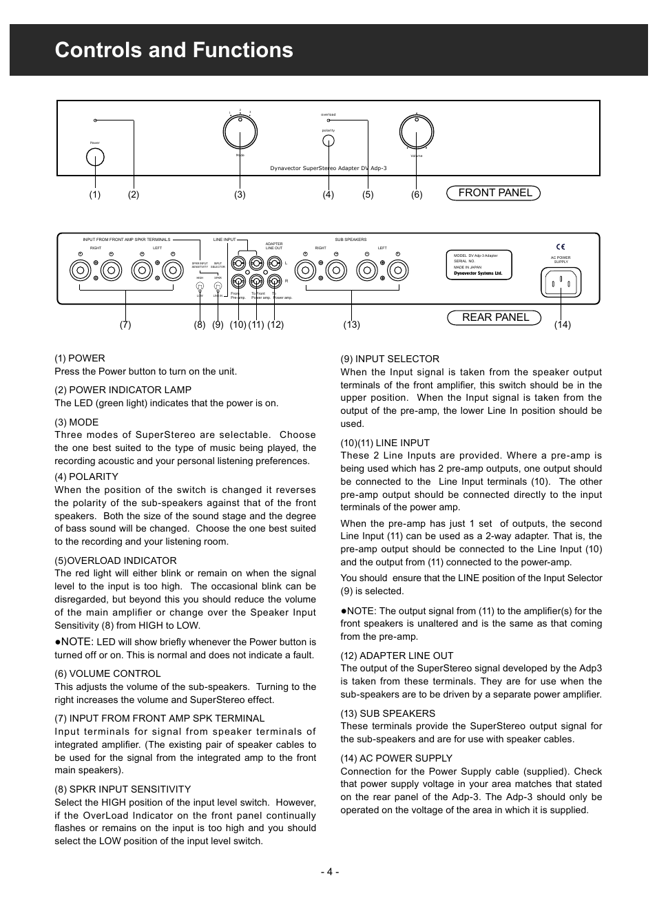 Controls and functions, Front panel, Rear panel | Dynavector SuperStereo Adapter Adp3 User Manual | Page 4 / 10