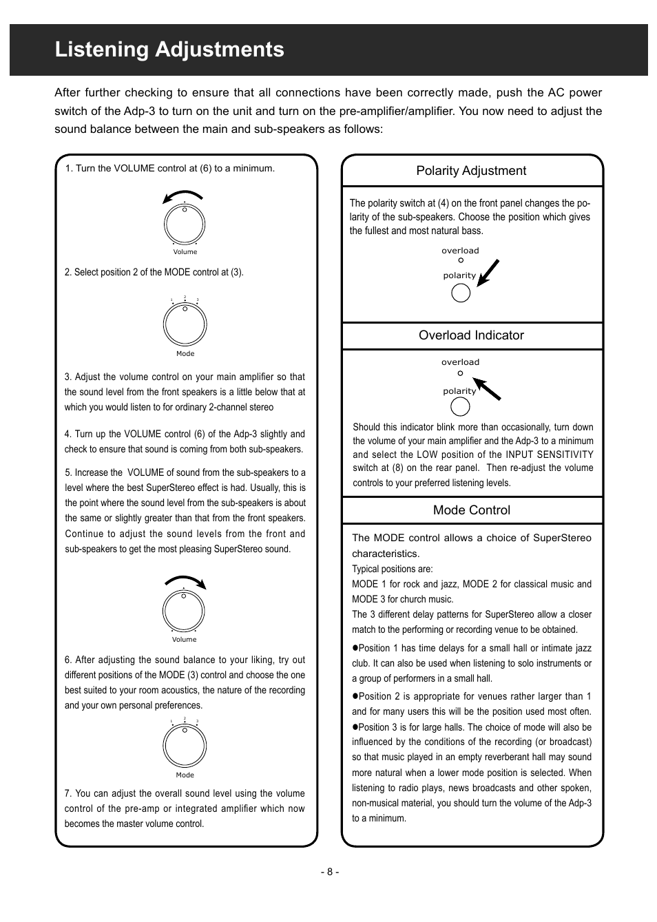 Listening adjustments, Mode control polarity adjustment, Overload indicator | Dynavector SuperStereo Adapter Adp3 User Manual | Page 8 / 10