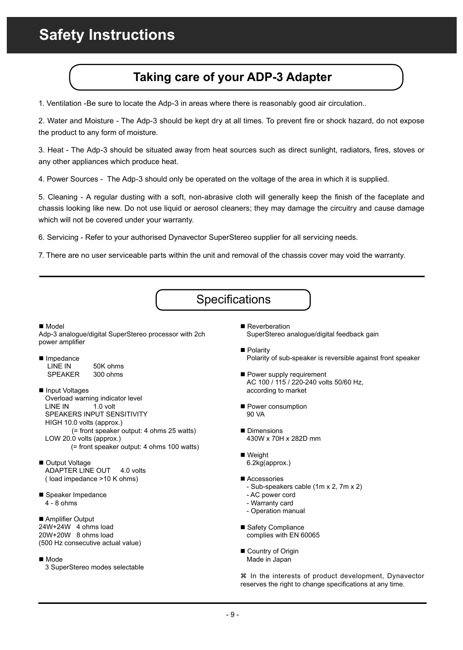 Safety instructions, Taking care of your adp-3 adapter, Specifications | Dynavector SuperStereo Adapter Adp3 User Manual | Page 9 / 10