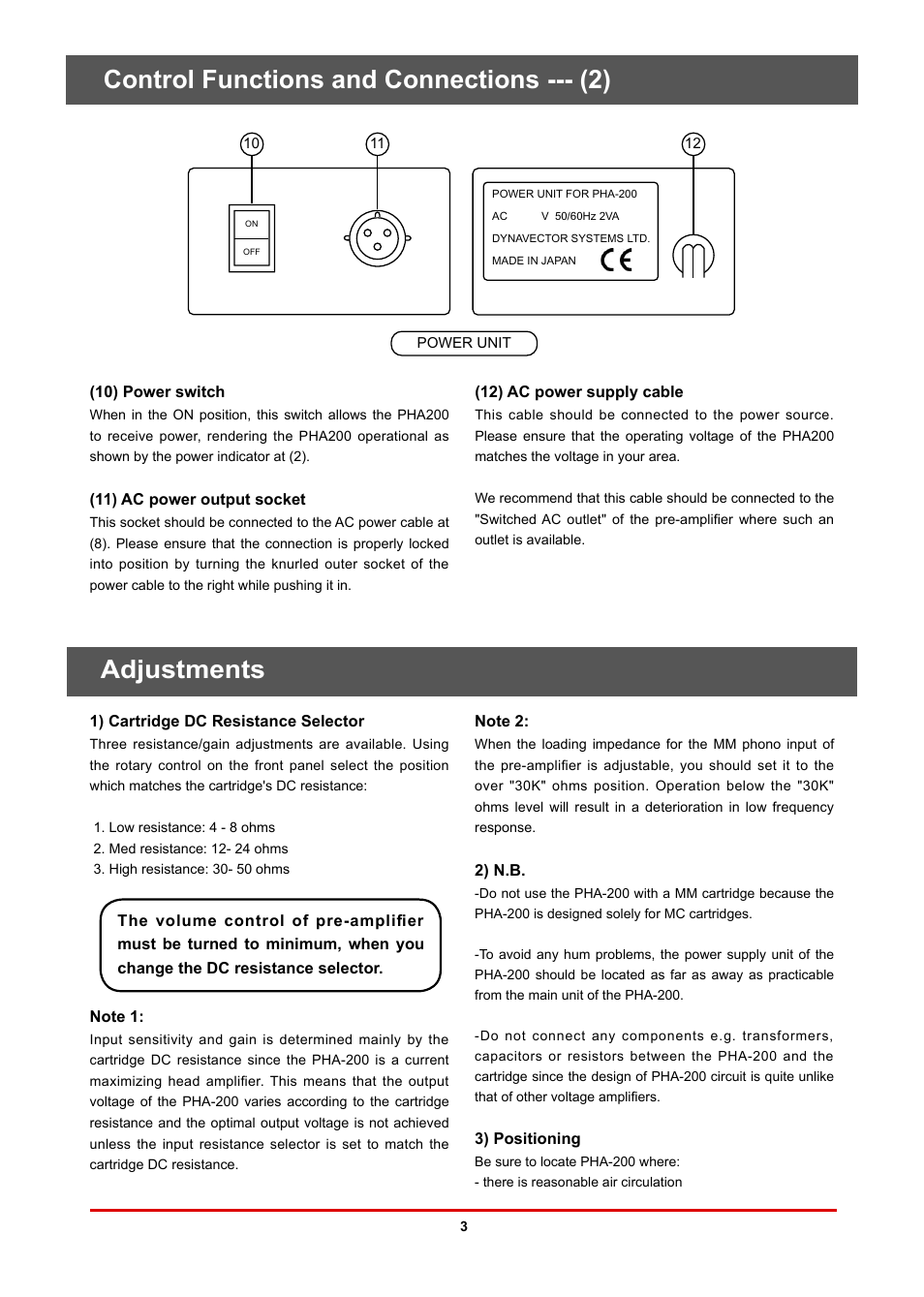 Adjustments, Control functions and connections --- (2) | Dynavector PHA200 phono head amplifier User Manual | Page 3 / 4