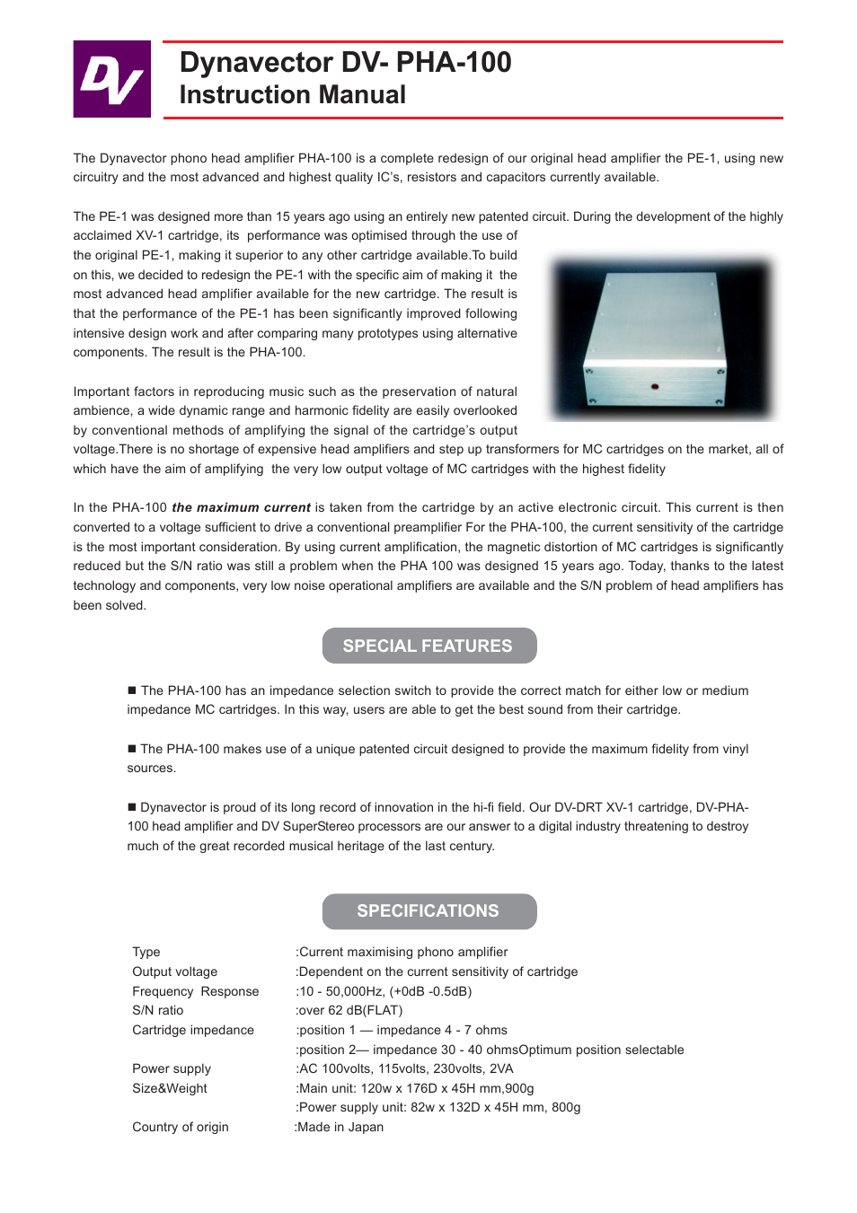 Dynavector PHA100 phono head amplifier User Manual | 2 pages