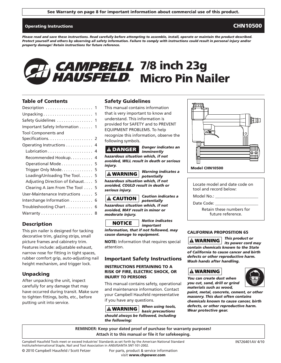 Campbell Hausfeld CHN10500 User Manual | 24 pages