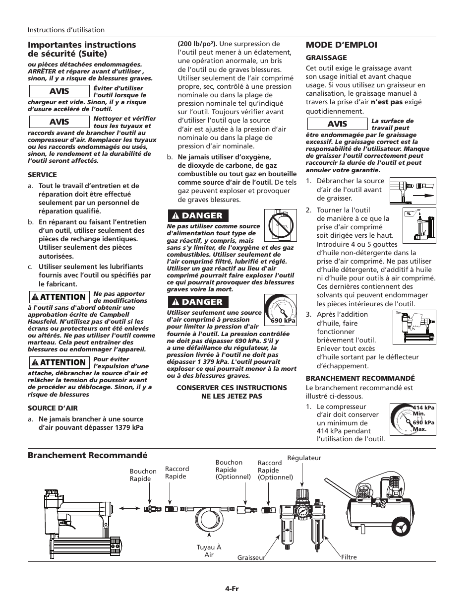 Mode d’emploi, Importantes instructions de sécurité (suite), Branchement recommandé | Campbell Hausfeld CHN10500 User Manual | Page 12 / 24