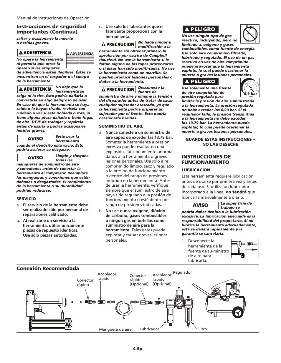 Instrucciones de funcionamiento | Campbell Hausfeld CHN10500 User Manual | Page 20 / 24