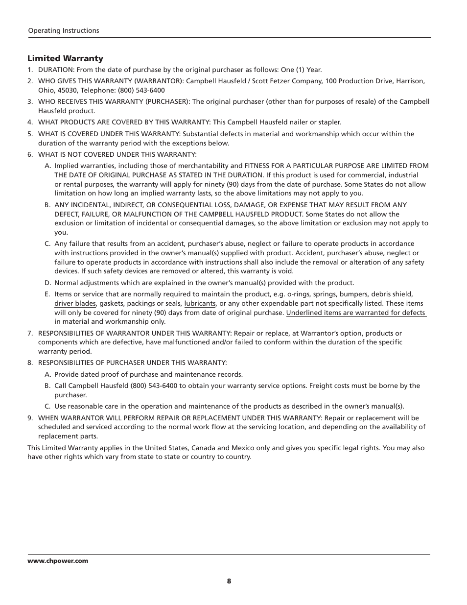 Campbell Hausfeld CHN10500 User Manual | Page 8 / 24