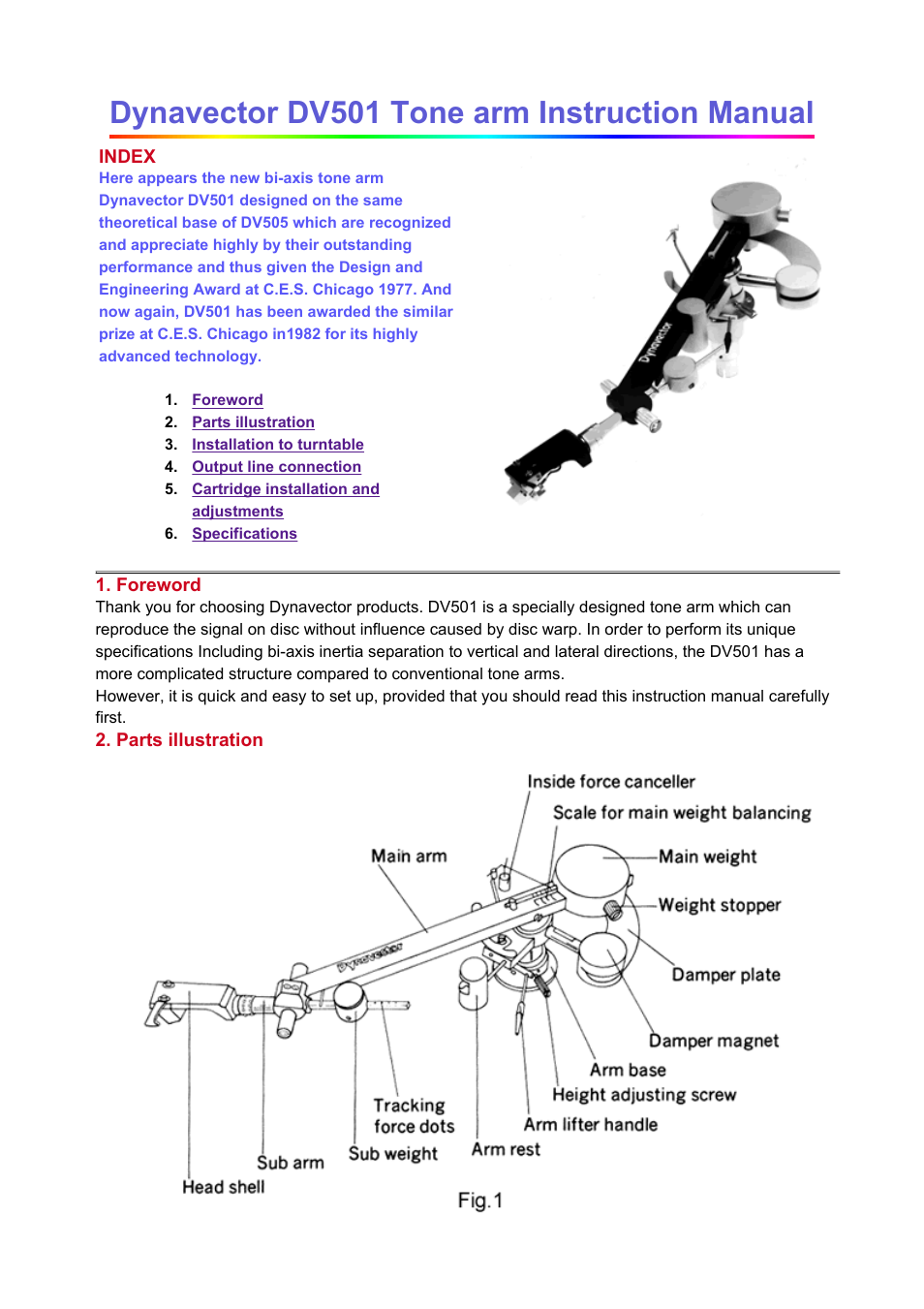 Dynavector DV 501 tonearm User Manual | 6 pages