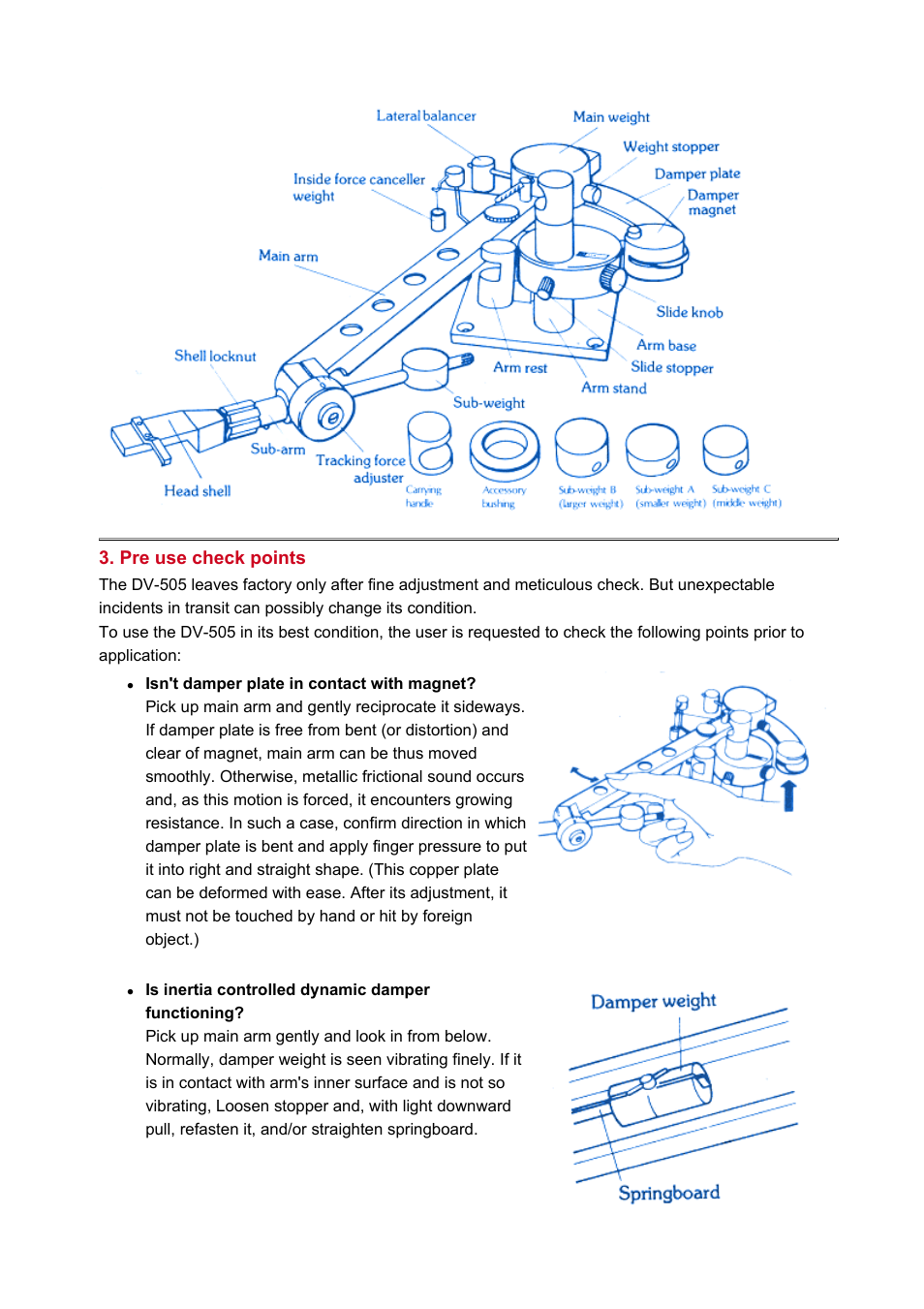 Pre use check points | Dynavector DV 505 tonearm User Manual | Page 2 / 8