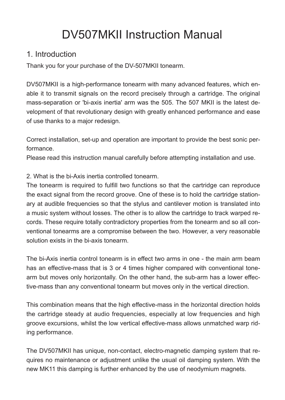 Dv507mkii instruction manual | Dynavector DV 507 MKII tonearm User Manual | Page 2 / 12