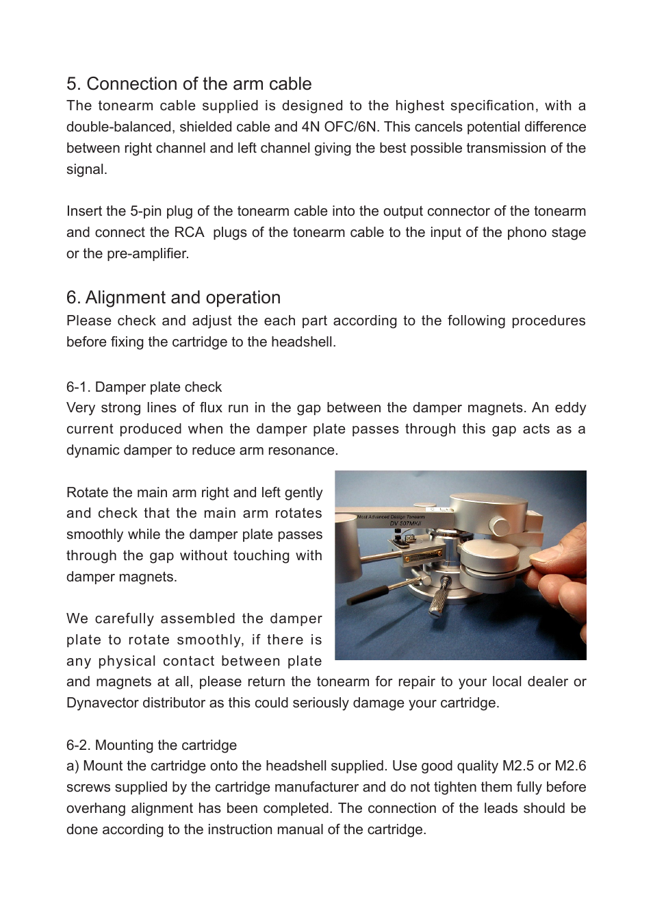 Connection of the arm cable, Alignment and operation | Dynavector DV 507 MKII tonearm User Manual | Page 4 / 12