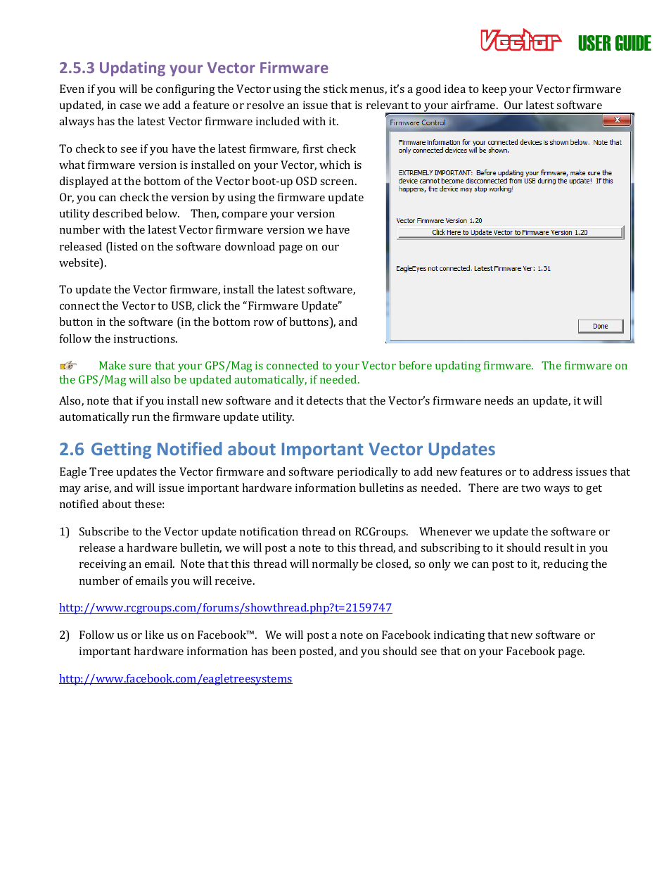 User guide, 6 getting notified about important vector updates, 3 updating your vector firmware | Eagle Tree Vector User Manual | Page 10 / 91