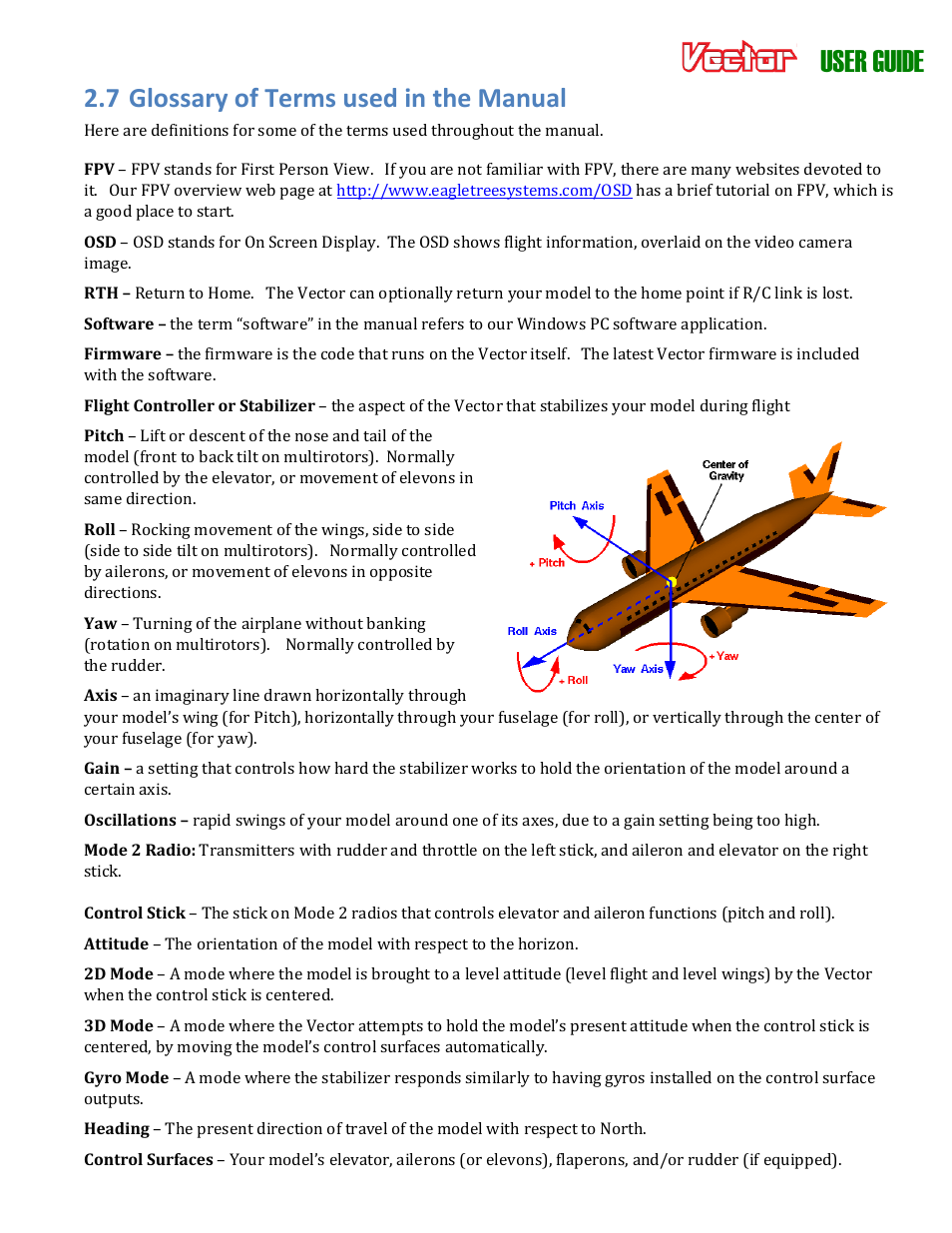 User guide, 7 glossary of terms used in the manual | Eagle Tree Vector User Manual | Page 11 / 91