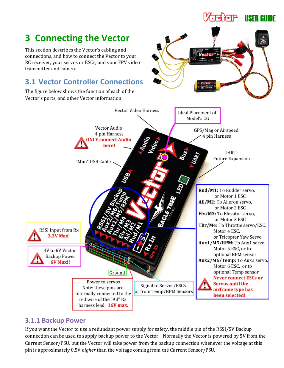 3 connecting the vector, User guide, 1 vector controller connections | Eagle Tree Vector User Manual | Page 13 / 91