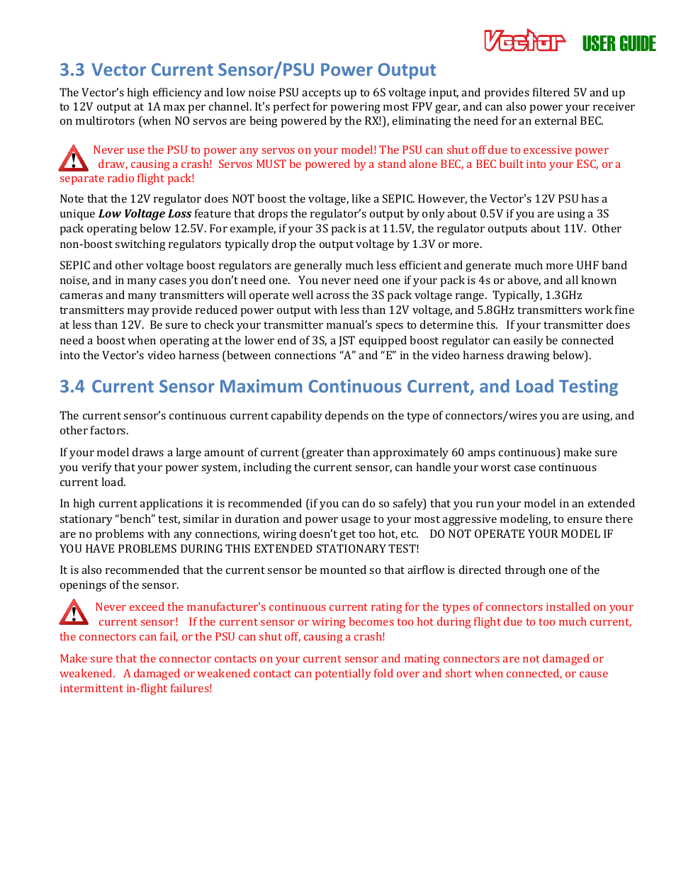 User guide, 3 vector current sensor/psu power output | Eagle Tree Vector User Manual | Page 15 / 91