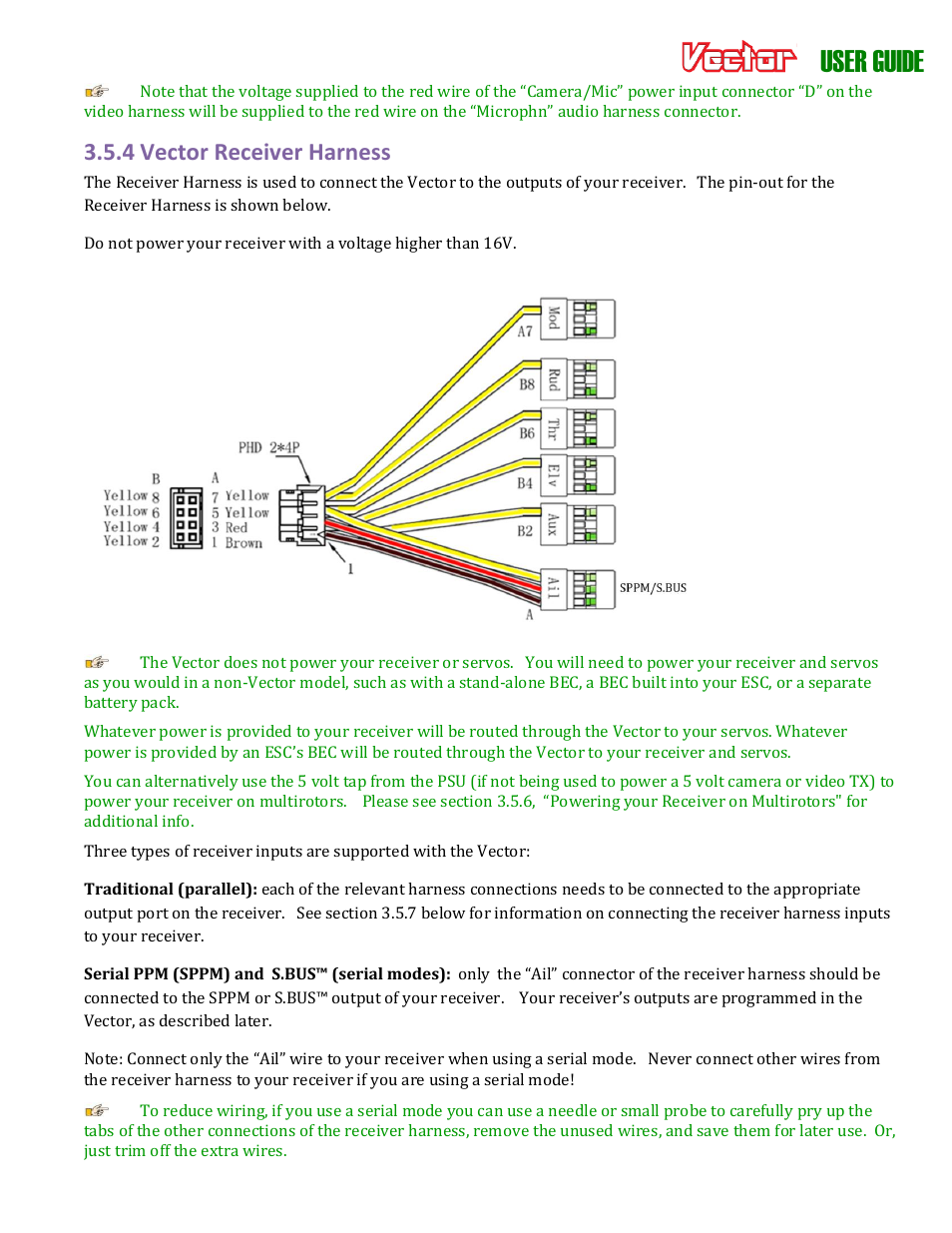 User guide, 4 vector receiver harness | Eagle Tree Vector User Manual | Page 19 / 91