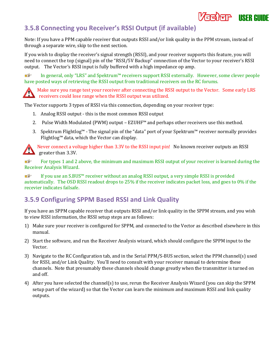 User guide, 9 configuring sppm based rssi and link quality | Eagle Tree Vector User Manual | Page 25 / 91