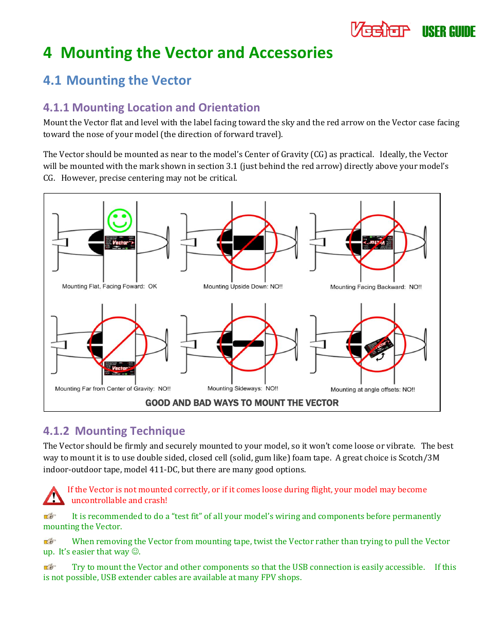 4 mounting the vector and accessories, User guide, 1 mounting the vector | 1 mounting location and orientation, 2 mounting technique | Eagle Tree Vector User Manual | Page 26 / 91