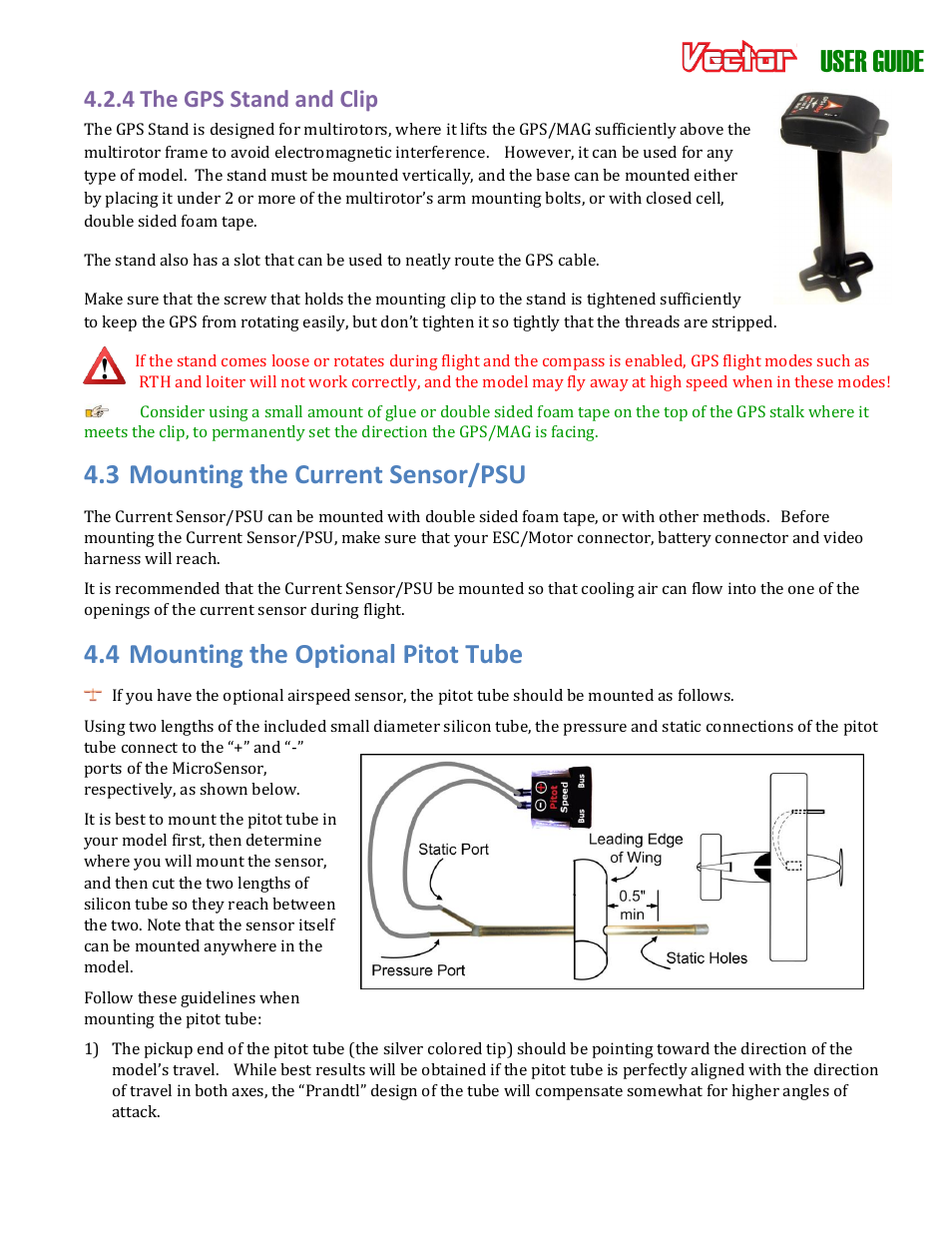 User guide, 3 mounting the current sensor/psu, 4 mounting the optional pitot tube | 4 the gps stand and clip | Eagle Tree Vector User Manual | Page 28 / 91