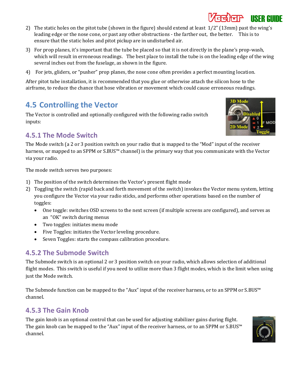 User guide, 5 controlling the vector, 1 the mode switch | 2 the submode switch, 3 the gain knob | Eagle Tree Vector User Manual | Page 29 / 91
