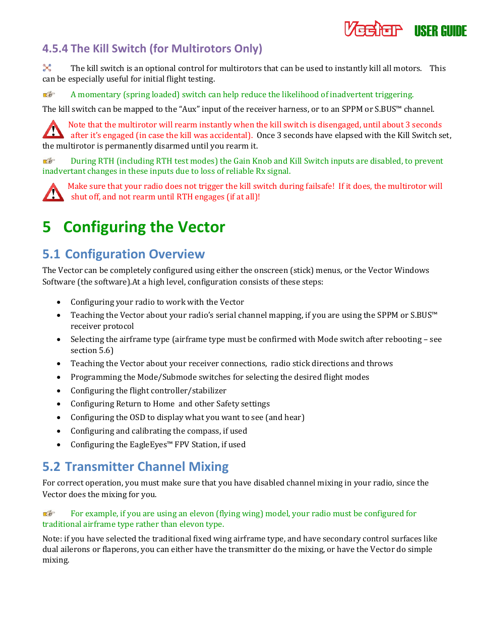 5 configuring the vector, User guide, 1 configuration overview | 2 transmitter channel mixing, 4 the kill switch (for multirotors only) | Eagle Tree Vector User Manual | Page 30 / 91