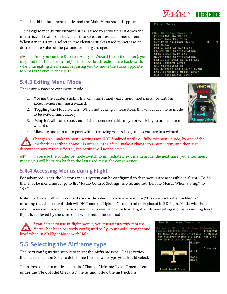 User guide, 5 selecting the airframe type, 3 exiting menu mode | 4 accessing menus during flight | Eagle Tree Vector User Manual | Page 34 / 91