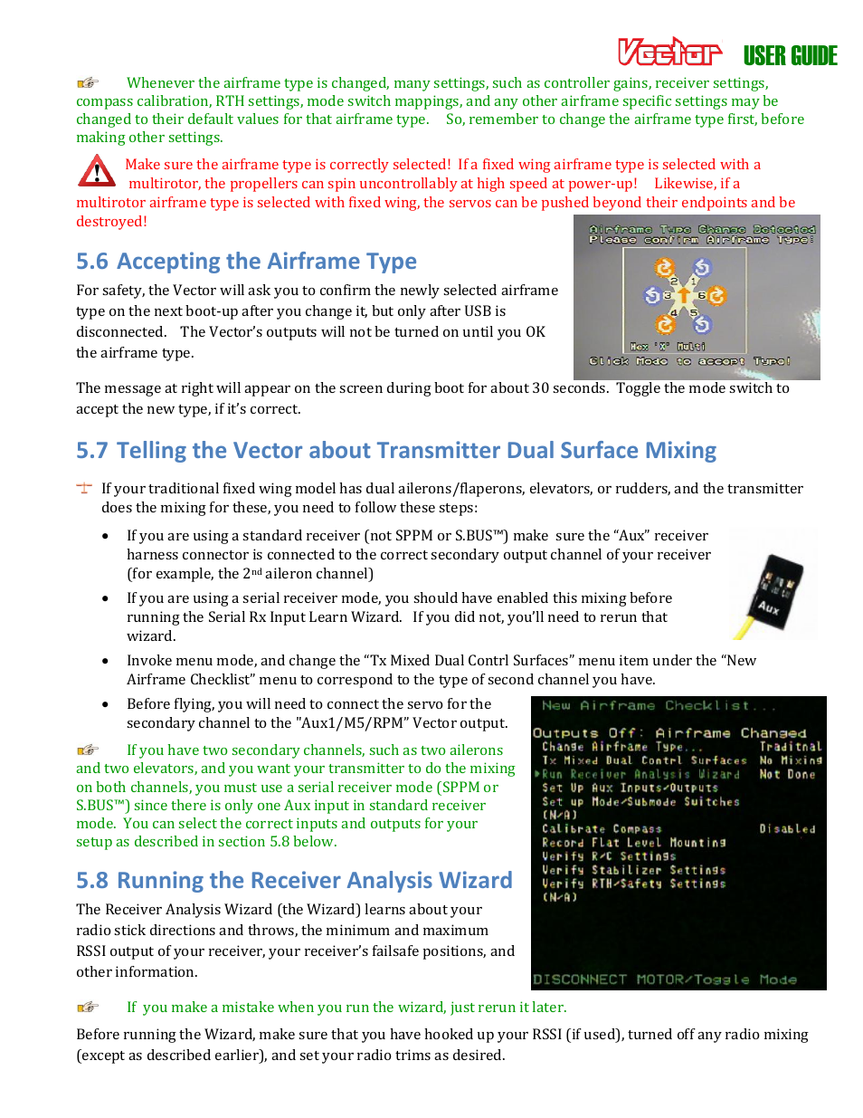 User guide, 6 accepting the airframe type, 8 running the receiver analysis wizard | Eagle Tree Vector User Manual | Page 35 / 91