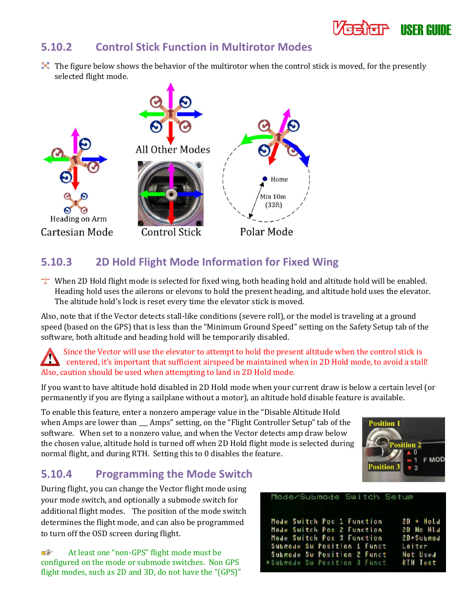 User guide, 2 control stick function in multirotor modes, 3 2d hold flight mode information for fixed wing | 4 programming the mode switch | Eagle Tree Vector User Manual | Page 40 / 91