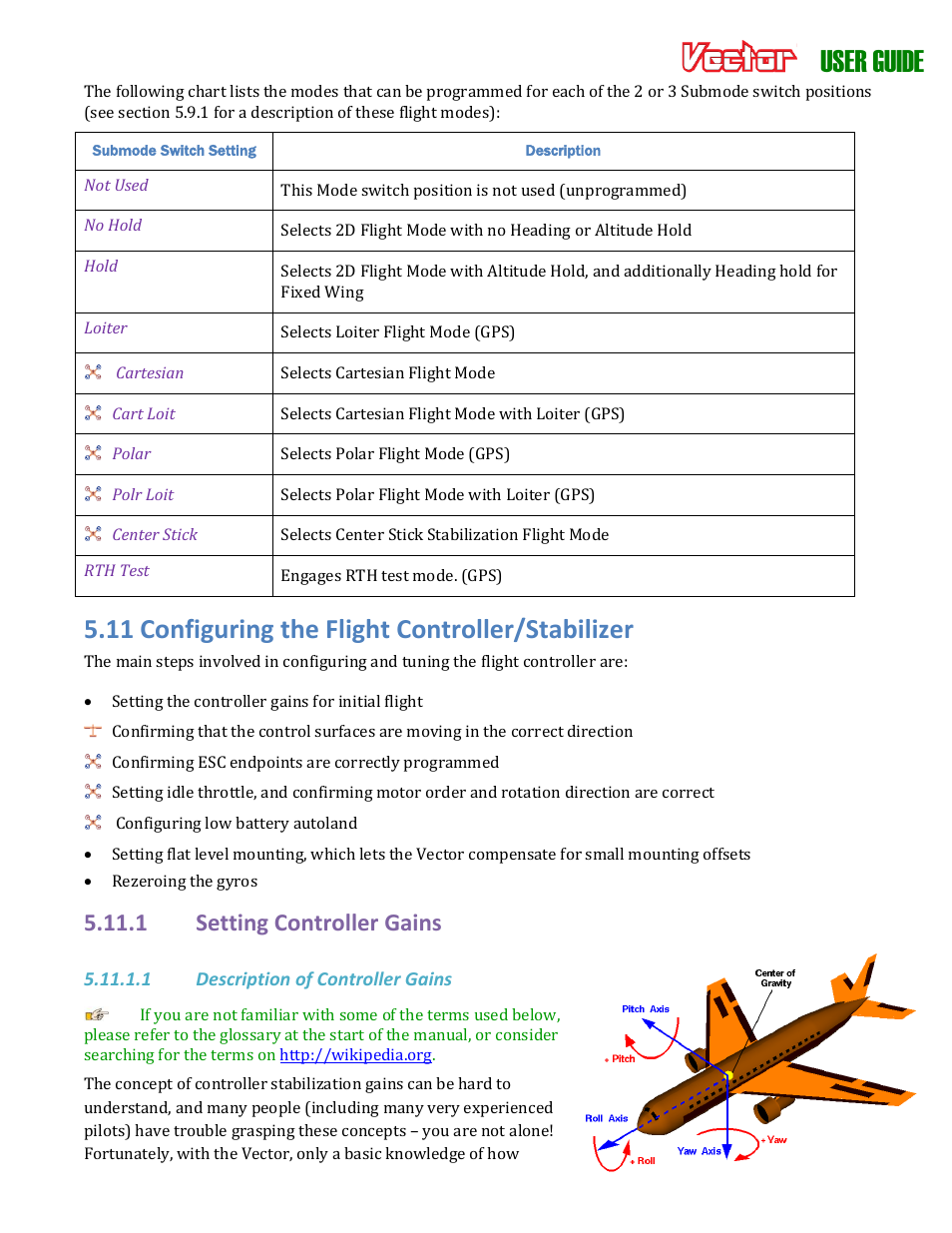 User guide, 11 configuring the flight controller/stabilizer, 1 setting controller gains | Eagle Tree Vector User Manual | Page 42 / 91