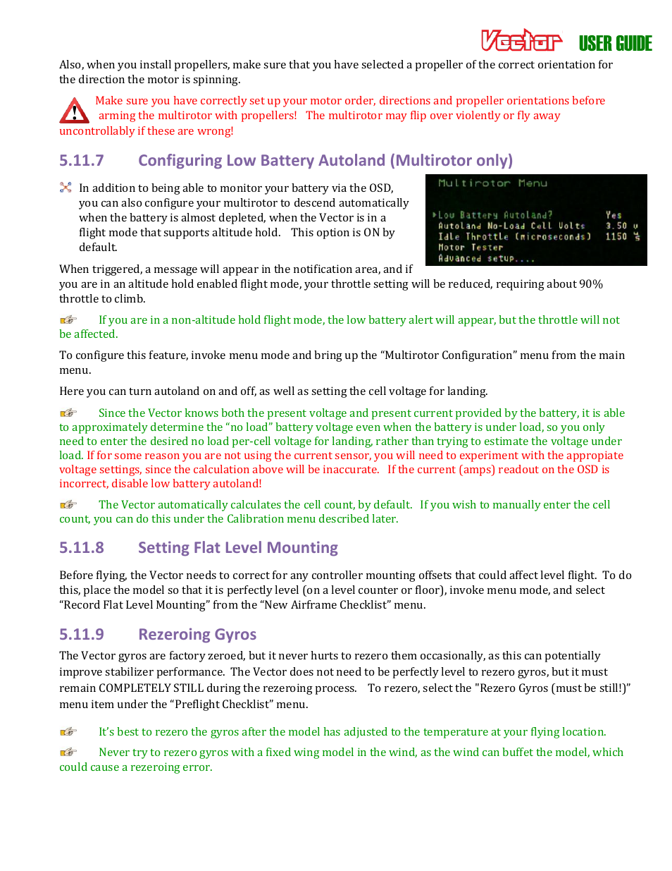 User guide, 8 setting flat level mounting, 9 rezeroing gyros | Eagle Tree Vector User Manual | Page 49 / 91