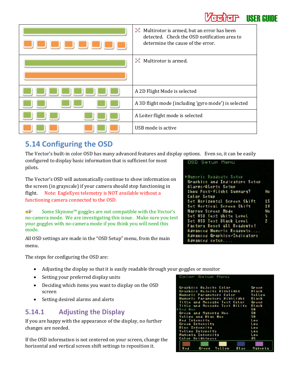 User guide, 14 configuring the osd, 1 adjusting the display | Eagle Tree Vector User Manual | Page 54 / 91