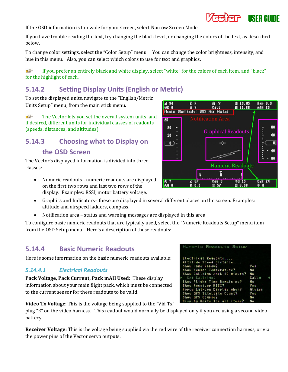 User guide, 2 setting display units (english or metric), 3 choosing what to display on the osd screen | 4 basic numeric readouts | Eagle Tree Vector User Manual | Page 55 / 91