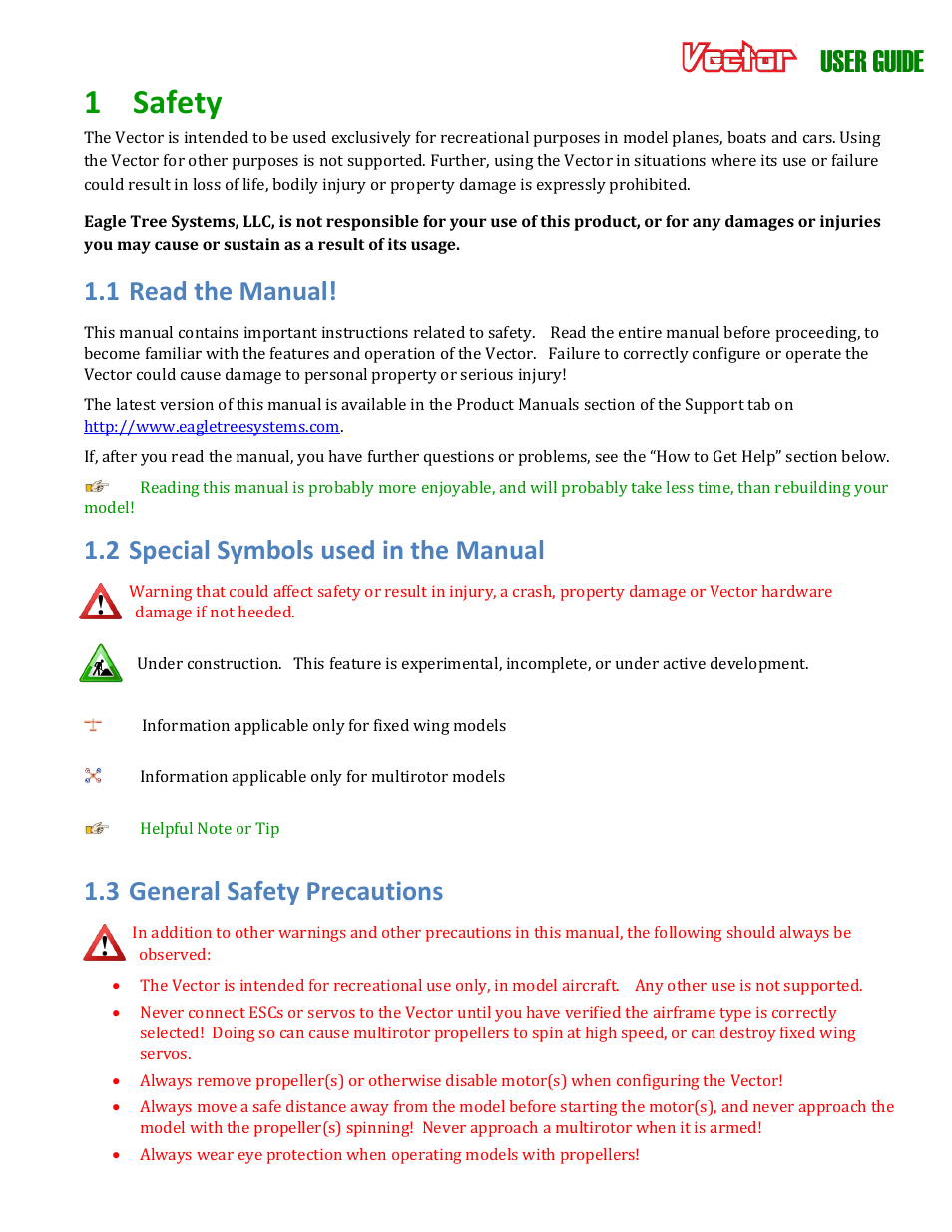 1 safety, User guide, 1 read the manual | 2 special symbols used in the manual, 3 general safety precautions | Eagle Tree Vector User Manual | Page 6 / 91