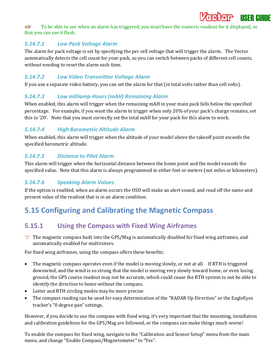 User guide, 1 using the compass with fixed wing airframes | Eagle Tree Vector User Manual | Page 60 / 91