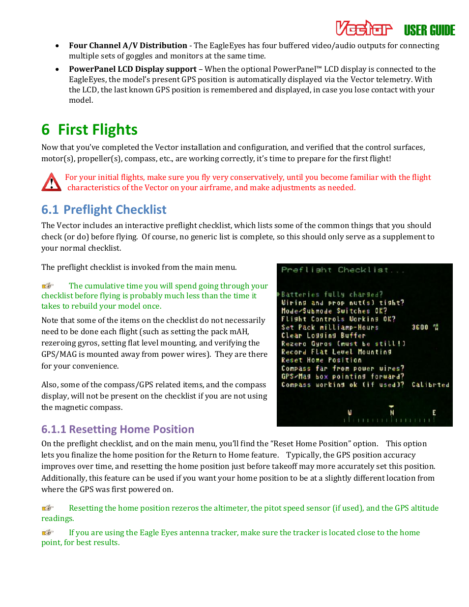 6 first flights, User guide, 1 preflight checklist | 1 resetting home position | Eagle Tree Vector User Manual | Page 63 / 91