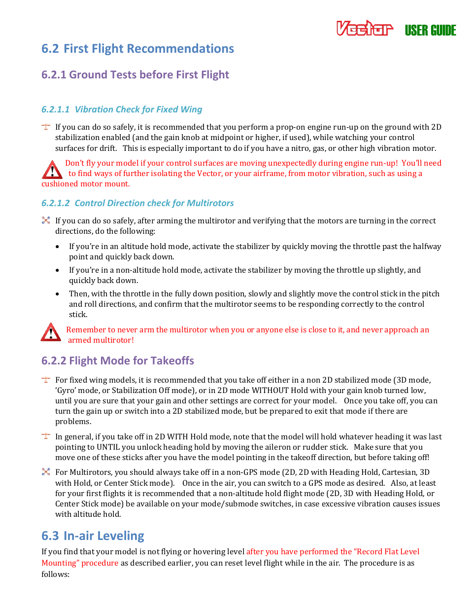 User guide, 2 first flight recommendations, 3 in-air leveling | 1 ground tests before first flight, 2 flight mode for takeoffs | Eagle Tree Vector User Manual | Page 64 / 91