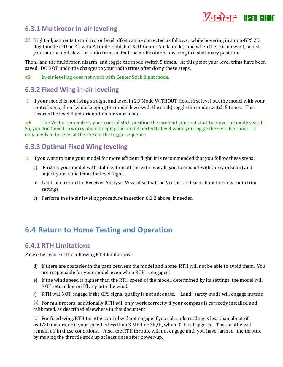 User guide, 4 return to home testing and operation, 1 multirotor in-air leveling | 2 fixed wing in-air leveling, 3 optimal fixed wing leveling, 1 rth limitations | Eagle Tree Vector User Manual | Page 65 / 91