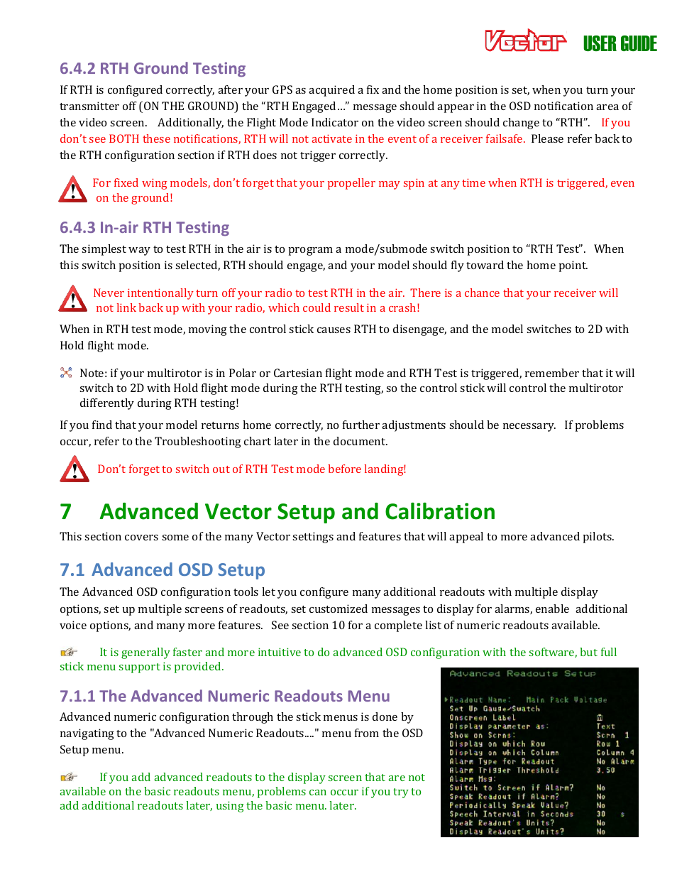7 advanced vector setup and calibration, User guide, 1 advanced osd setup | 2 rth ground testing, 3 in-air rth testing, 1 the advanced numeric readouts menu | Eagle Tree Vector User Manual | Page 66 / 91