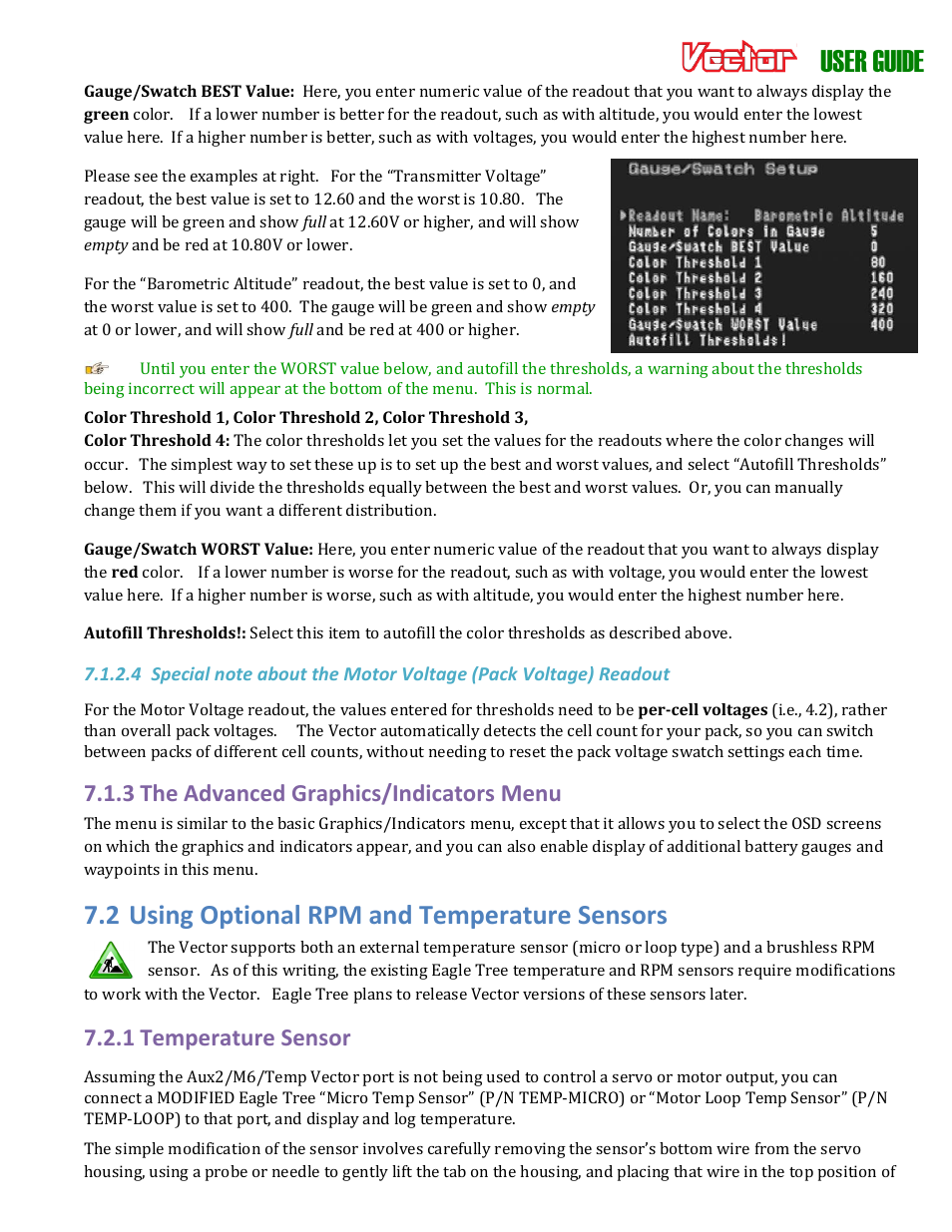 User guide, 2 using optional rpm and temperature sensors, 3 the advanced graphics/indicators menu | 1 temperature sensor | Eagle Tree Vector User Manual | Page 69 / 91