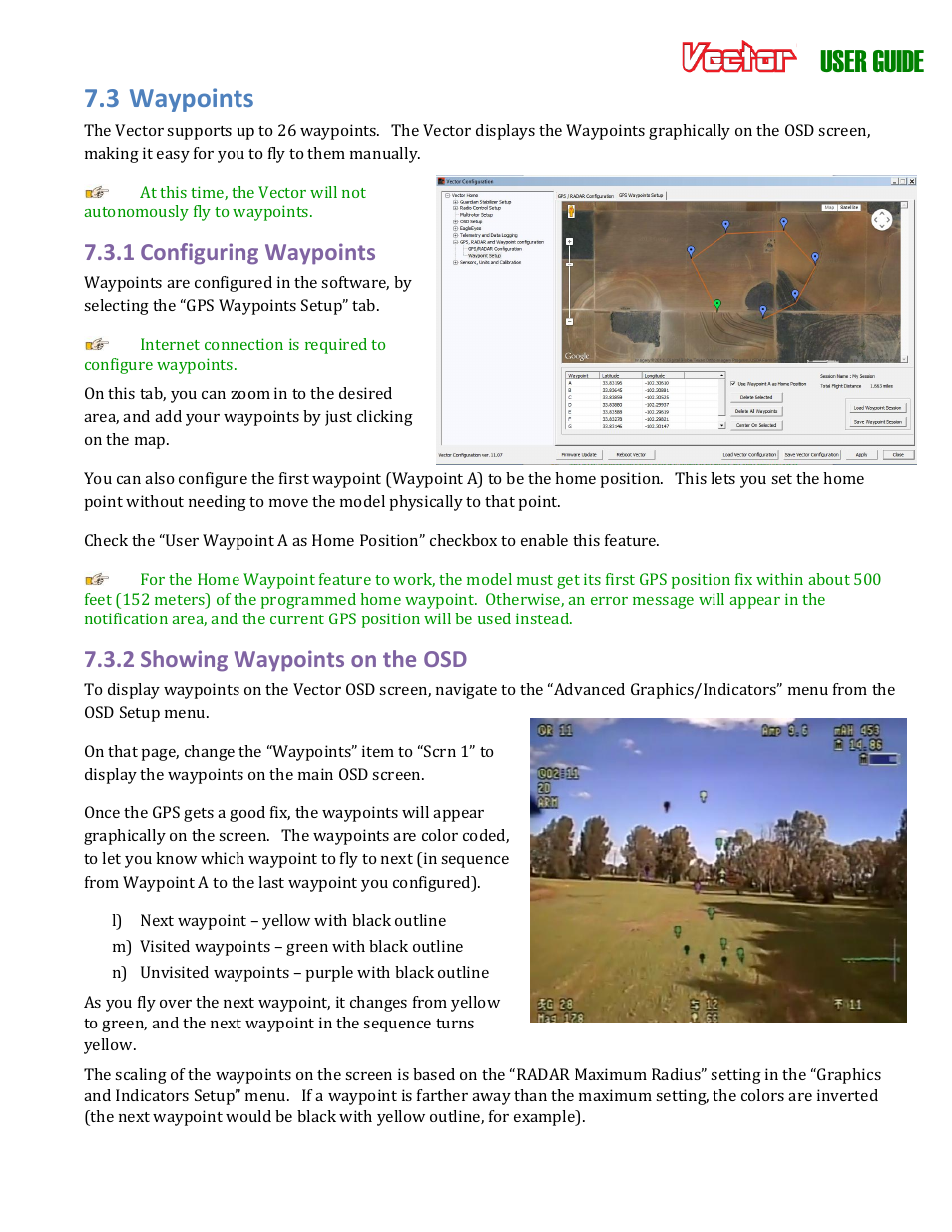User guide, 3 waypoints, 1 configuring waypoints | 2 showing waypoints on the osd | Eagle Tree Vector User Manual | Page 71 / 91