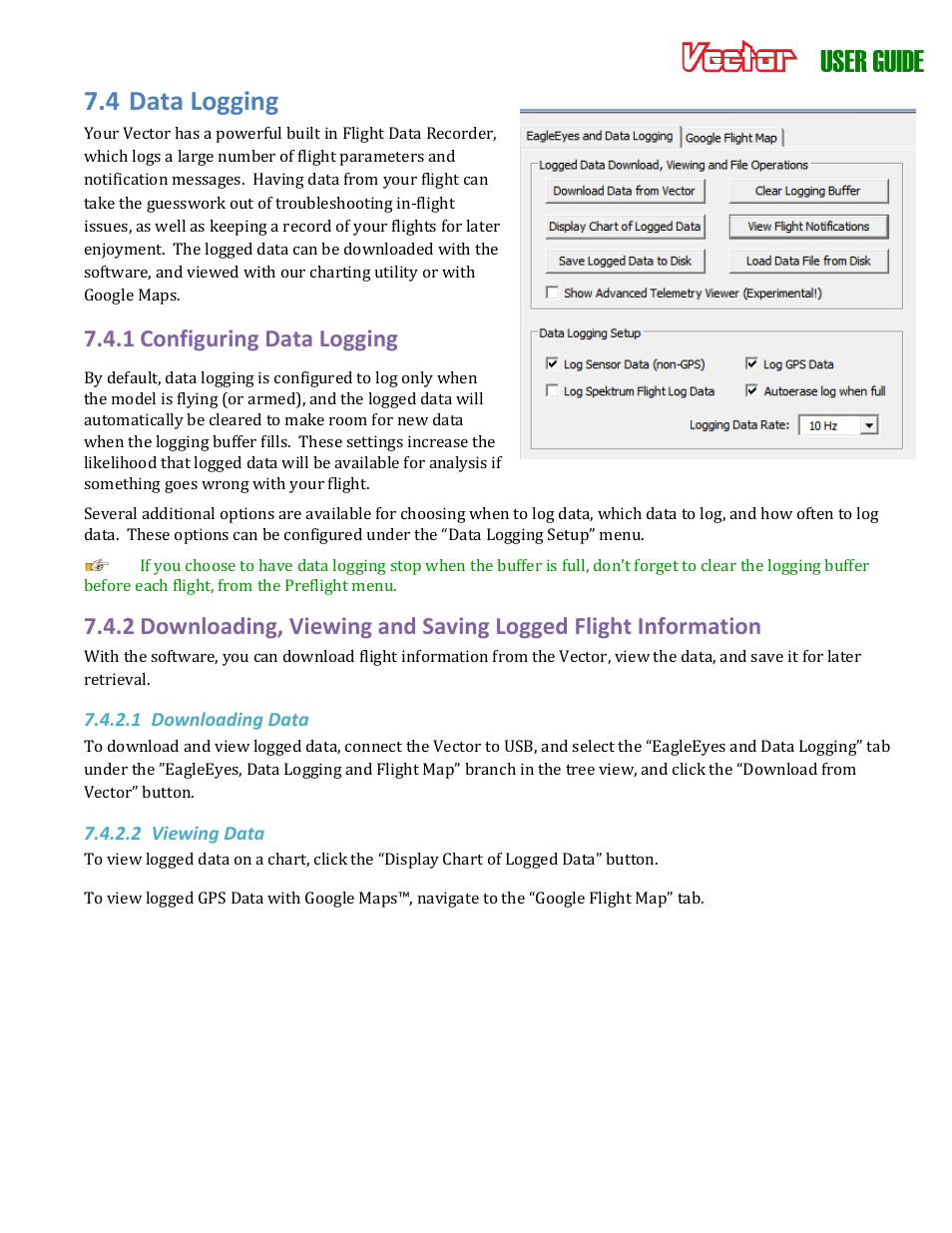 User guide, 4 data logging, 1 configuring data logging | Eagle Tree Vector User Manual | Page 72 / 91