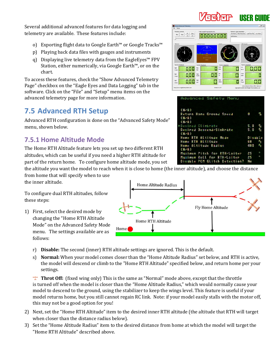 User guide, 5 advanced rth setup, 1 home altitude mode | Eagle Tree Vector User Manual | Page 74 / 91
